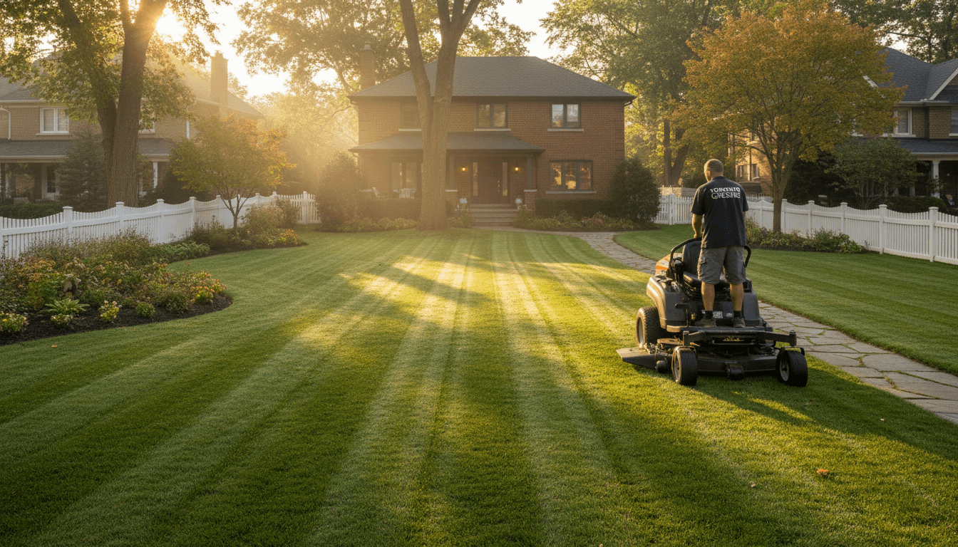 Professional landscaper mowing a lush green lawn in Toronto