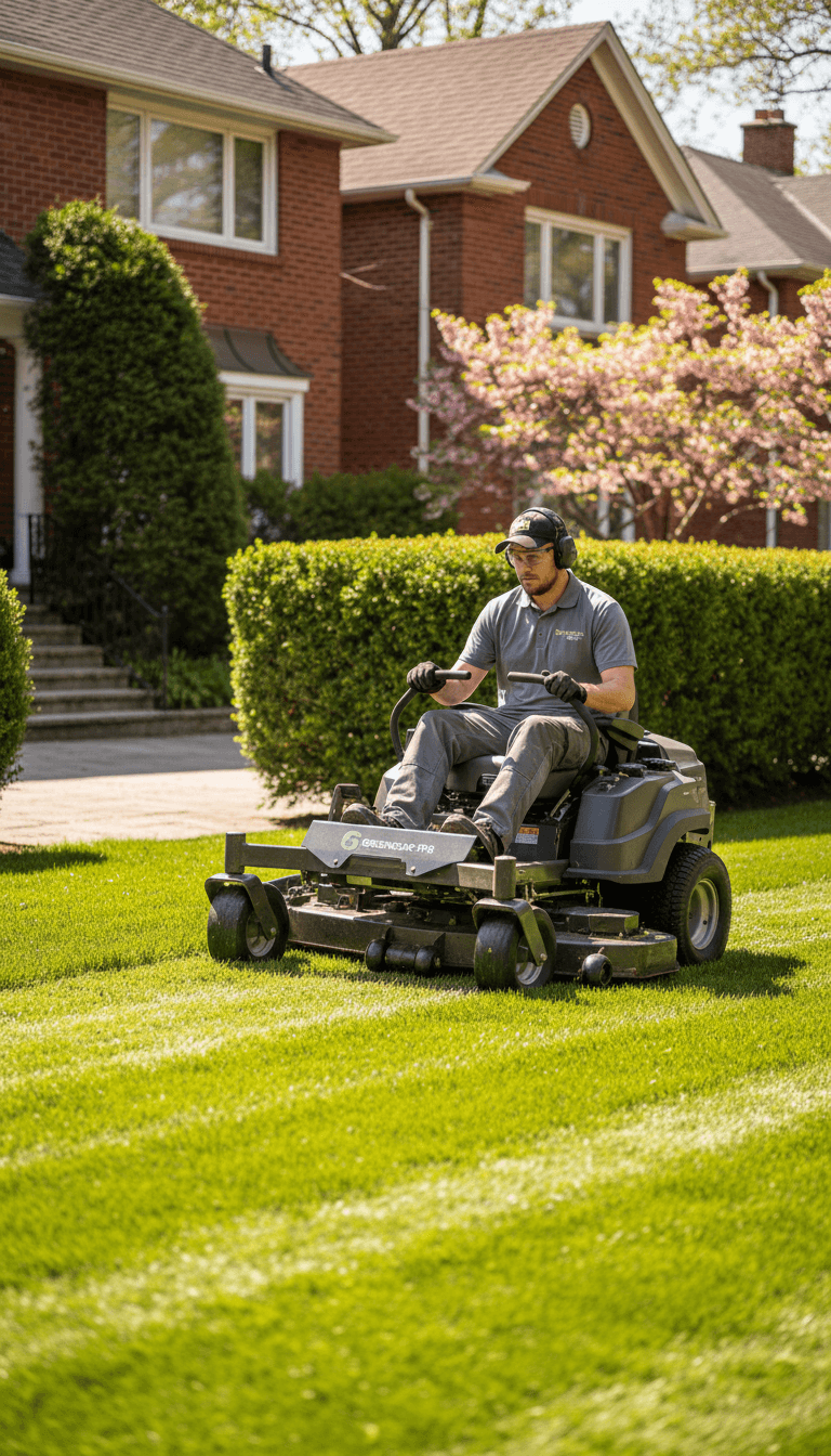 Professional lawn care worker trimming the edge of a residential Toronto lawn