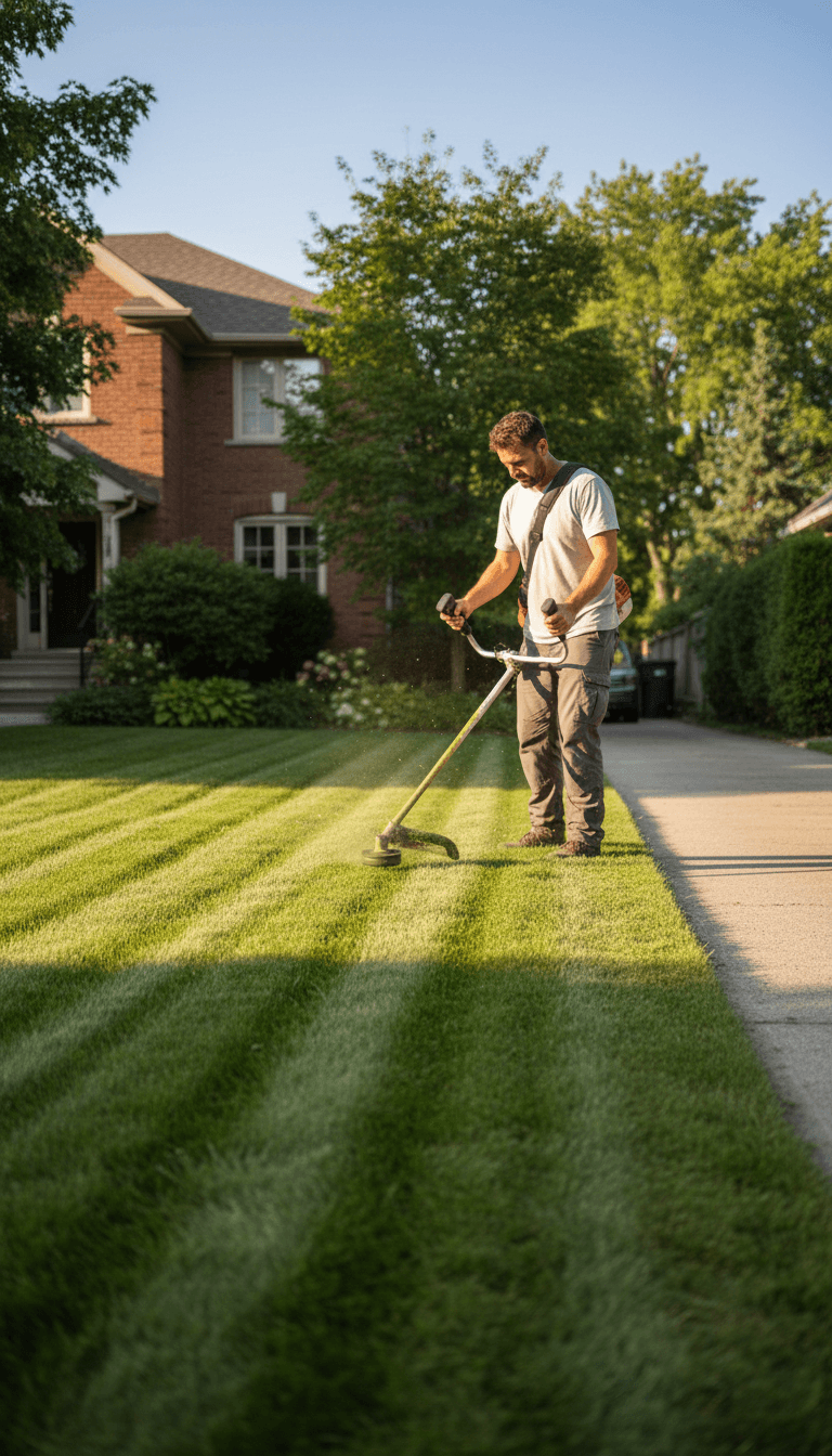 Professional lawn care worker trimming the edge of a residential Toronto lawn
