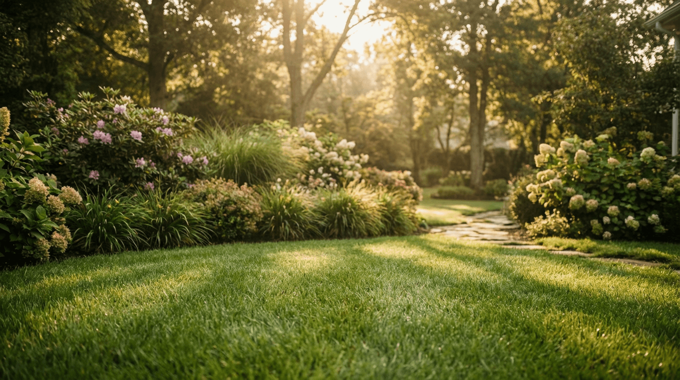Lawn care professional mowing a striped residential lawn with well-defined edges
