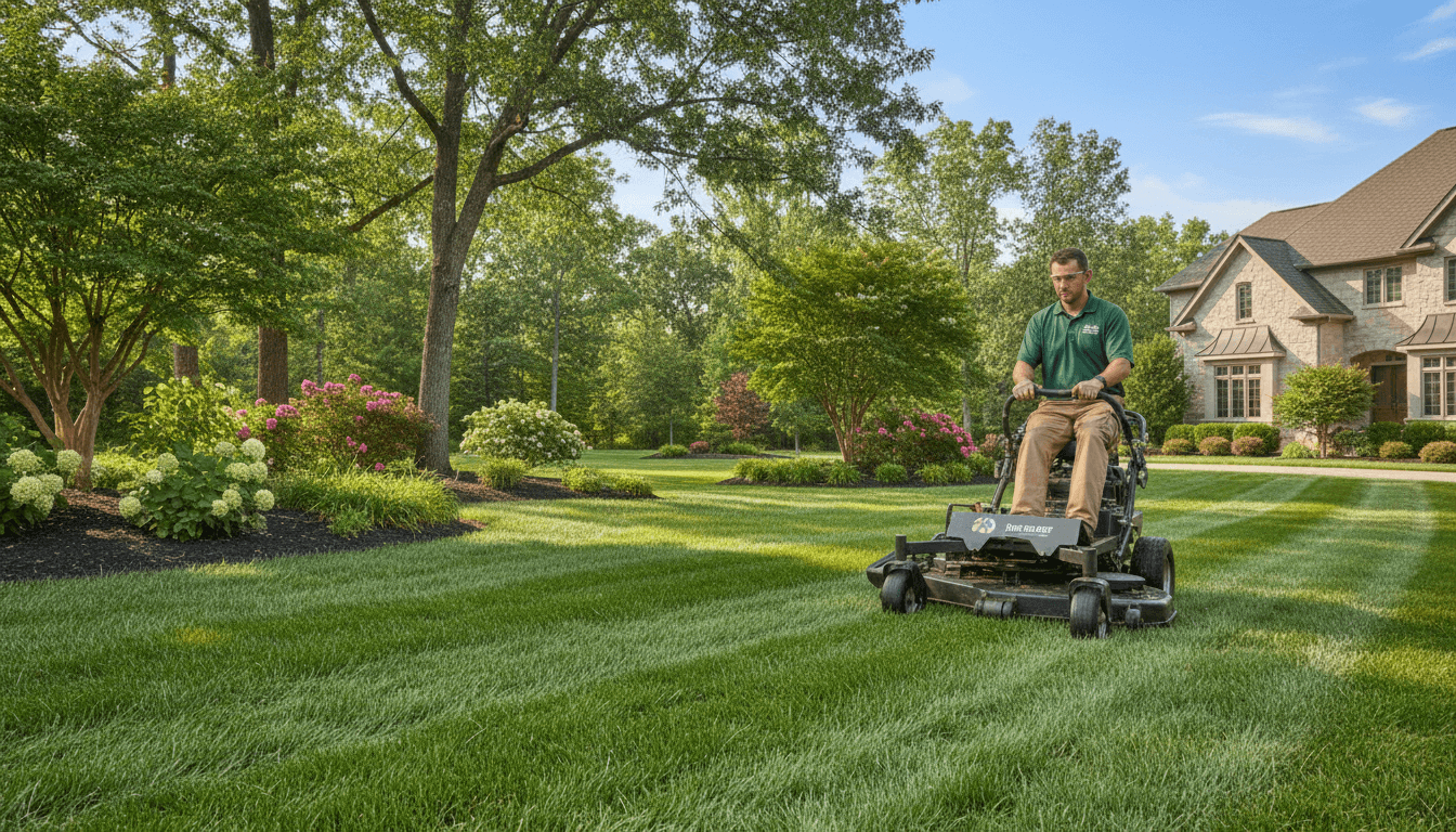 Lawn care professional walking across a Toronto lawn with a client